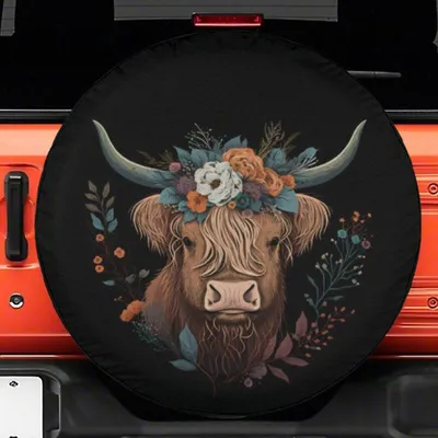 Highland Cow Spare Tire Cover, Floral Crown Heifer Design, Cute Farm Animal Wheel Cover, Rustic Car Accessories, Backup Camera Hole Option, Universal Fit Suv Spare Tire Cover