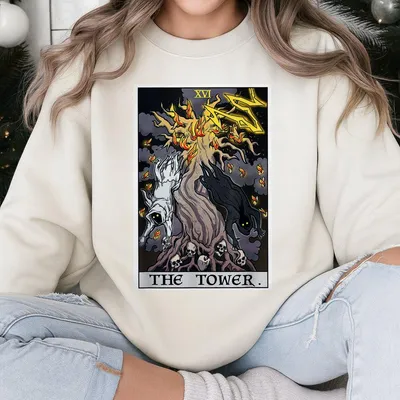 Halloween 2025 The Tower Tarot Card Sweatshirt Spooky Gothic Skull Tree Lightning Graphic Vintage Occult Witchy