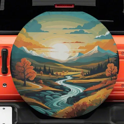 Spare Tire Cover, Sunset Mountain River Landscape, Autumn Nature Scenery, Waterproof Wheel Protector, All-Weather Universal Fit Spare Tire Cover