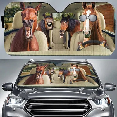 Horse Family Driving The Car Sun Shade, Best Car Sunshade Summer