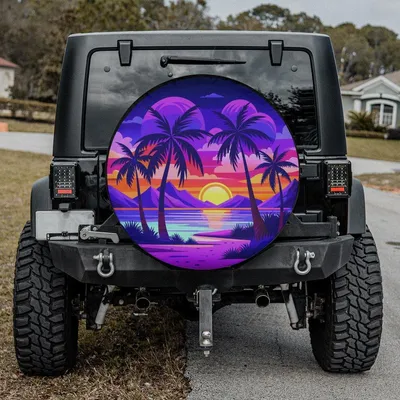 Purple Tropical Sunset Beach Themed Spare Tire Cover Available With Camera Cutout, Palm Trees, Beach, Sun, Sand Spare Tire Cover