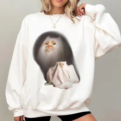 Retro Funny Vintage Graphic Sweatshirt Ghost Kitten Sweatshirt Unisex Meme Cringe Funny Dumb Sweatshirt Menswear Womenswear Streetwear