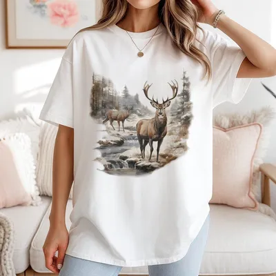 Retro Deer Wilderness Scene T-Shirt Vintage Buck And Doe Deer Outfit Boho Unisex T-Shirt