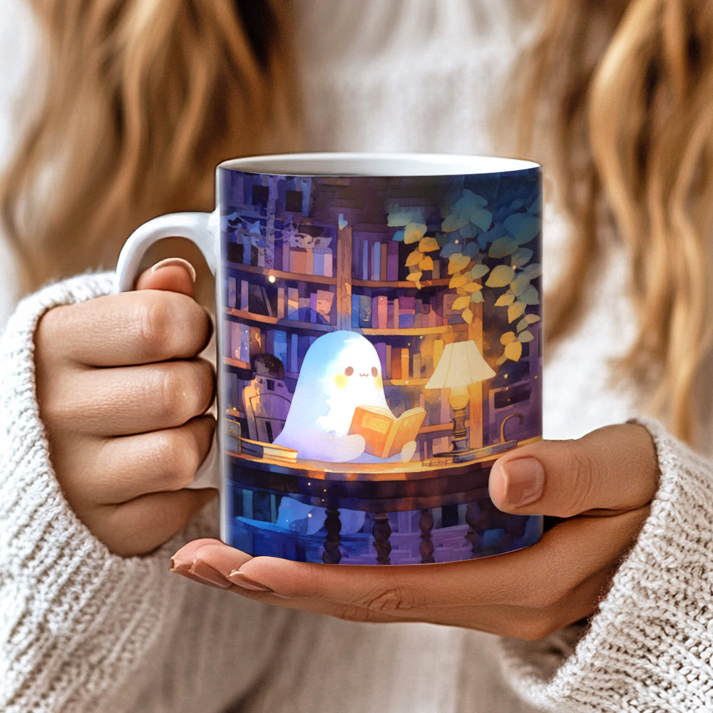 Cute Ghost Reading a Book Mug – Funny Halloween Mug Wrap