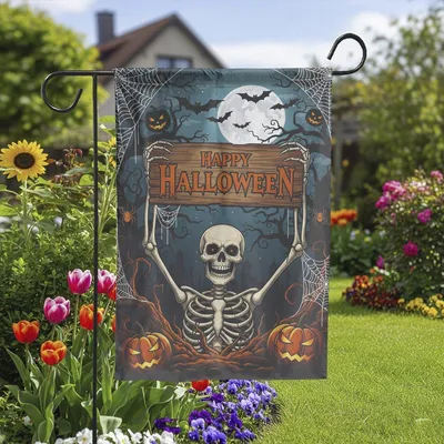 Vertical Garden Flag, Happy Halloween Skeleton Sign, Spooky Pumpkin Moon Bat Yard Art, Double Sided Outdoor Holiday Decor Vertical Garden Flag