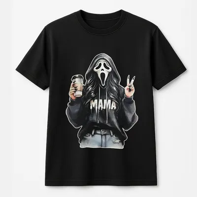 Halloween T-Shirt  Ghostface Mama With Coffee Cup Graphic Funny Horror Movie Retro Spooky Season