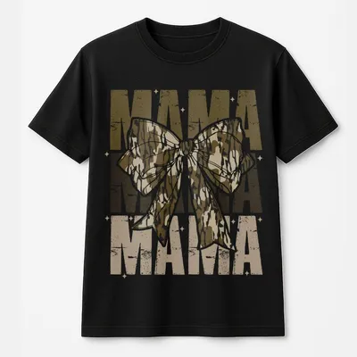 Mama Camo Coquette Bow Graphic T-Shirt, Retro Hunting Style, Old School Camo T-Shirt For Girls, Perfect Gift For Women And Moms