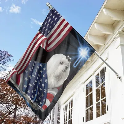American House Flag, Maltese Dog Draped In American Flag With Glowing Cross & Ribbon Of Freedom Vertical House Flag