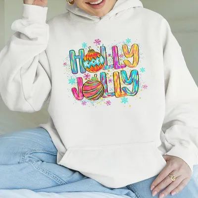 Colorful Glitter Holly Jolly Christmas Hoodie,Coquette Holiday Ornaments Hoodie,Brushstroke Festive