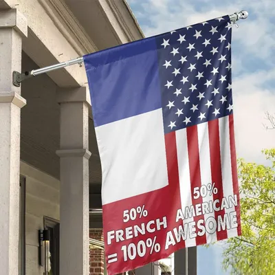 American French House Flag, 50% Usa + 50% France, 100% Awesome Design, Dual Heritage Patriotic Banner Vertical House Flag