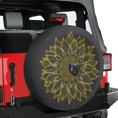 Golden Sunflower Tire Cover, Intricate Mandala Center Design, Universal Fit Waterproof Spare Wheel Guard Spare Tire Cover