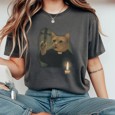 Funny Animal Vintage Graphic T-Shirt Holy Feline T-Shirt Cat T-Shirt Unisex Meme Cringe Funny T-Shirt Menswear Womenswear Street