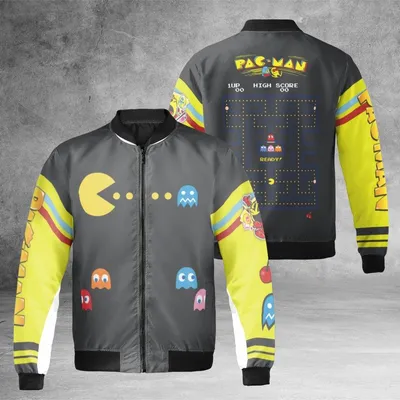 Pac-Man Arcade Game Baseball Jacket, Classic Maze Art, Retro 80s Gaming Fan Gear, Yellow Outerwear Bomber Jacket