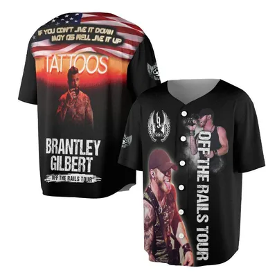 Brantley Gilbert Off The Rails Tour Baseball Jersey, Country Rock Merch, Tattoos American Flag Graphic Baseball Jersey, Concert Fan Gear