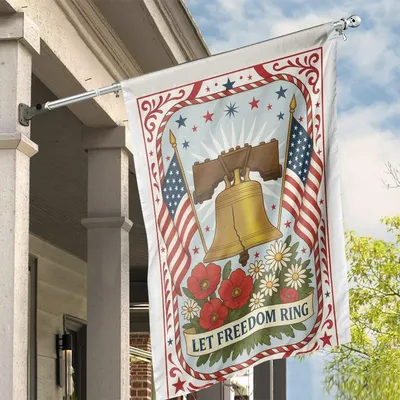 4th Of July House Flag Let Freedom Ring Patriotic Garden Banner Liberty Bell Outdoor Decor American Flag Flowers Usa Gift For Loved Ones Vertical House Flag