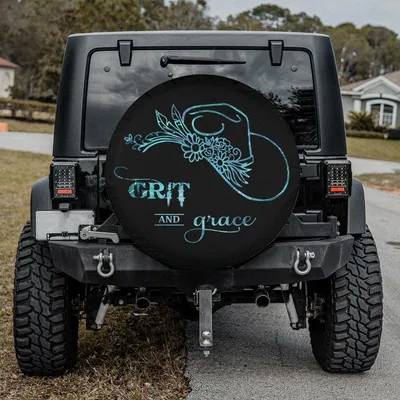 Grit And Grace Cowgirl Spare Tire Cover, Western Floral Hat Design, Empowering Quote For Women, Waterproof Vinyl Wheel Protector Spare Tire Cover