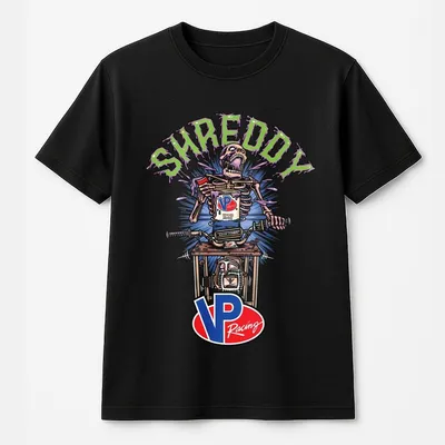Shreddy Vp Racing Skeleton T-Shirt Bold Hot Rod Graphic For Motorsport Fans, Track Day Style, Off Road Lovers & Car Culture Enthusiasts