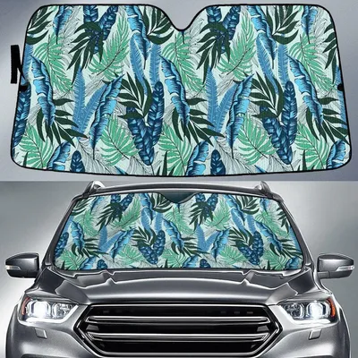 Blue Monstera And Banana Leaves Summer Tropical Leaf Car Sun Shades Cover Auto Windshield PrintSyde