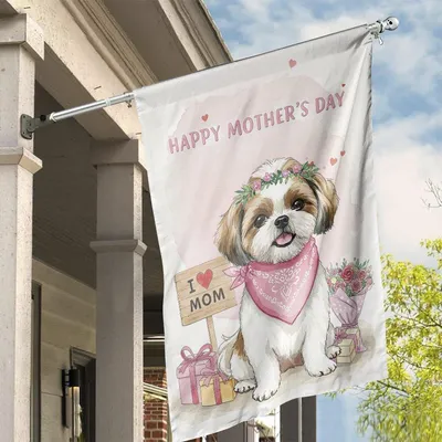 Happy Mother’S Day Dog Vertical House Flag, Cute Shih Tzu Puppy I Love Mom Gift Flag, Floral Pink Pet Lover Spring Outdoor Decor Vertical House Flag
