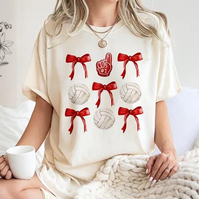 Volleyball T-Shirt Volleyball Mom T-Shirt Volleyball Bows T-Shirt Team Spirit School Spirit T-Shirt Graphic Printed Full Sizes Full