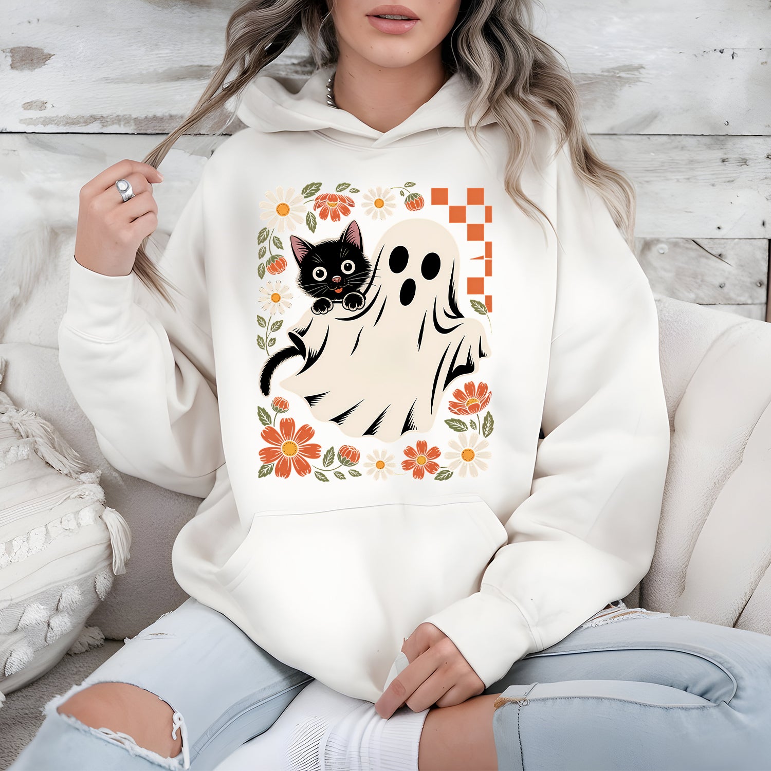 Ghost and Black Cat Halloween Hoodie – Retro Floral Graphic