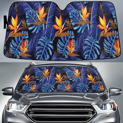 Yellow Bird Of Paradise Flower And Blue Banana Leaf Summer Vibe Car Sun Shades Cover Auto Windshield PrintSyde