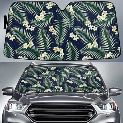 White Triple Plumeria Flower And Acera Palm Leave Black Car Sun Shades Cover Auto Windshield PrintSyde