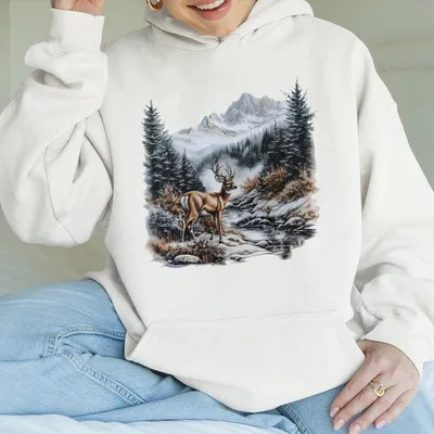 Retro Whitetail Buck Deer Winter Mountain Scene Hoodie,Nineties 90s Vintage Deer Nature Lover Outfit,Boho Unisex Hoodie