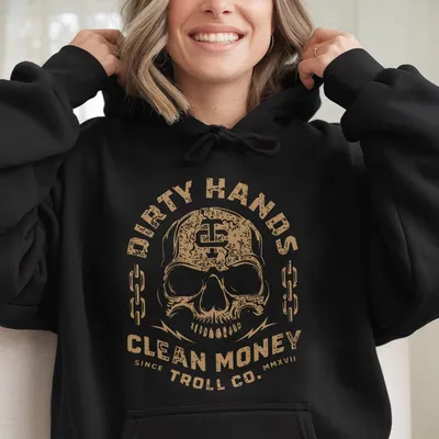 Dirty Hands Clean Money Hoodie, Bold Skull Graphic For Men, Heavy Duty Streetwear, Motivational Hustle Apparel
