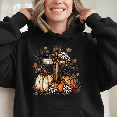 Give Thanks To The Lord Hoodie, Psalm 136 1 Fall, Christian Thanksgiving Hoodie, Autumn Pumpkin And Cross