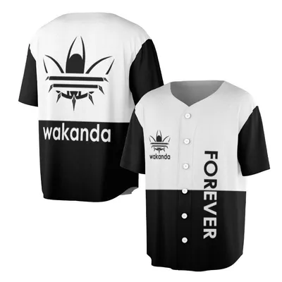 Baseball Jersey, Wakanda Forever Black Panther Graphic, Black White Button-Up, Streetwear Fan Gear Baseball Jersey
