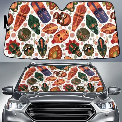 Collection Of Colorful Hawaiian Wooden Totems Symbol White Theme Car Sun Shades Cover Auto Windshield PrintSyde