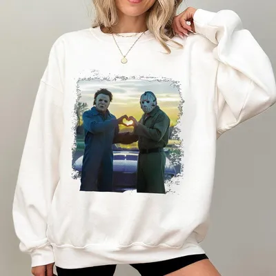 Vintage Jason And Michael Halloween Heart Hand Sweatshirt Michael Myers Halloween Sweatshirt Horror Killers Movie Sweatshirt Halloween