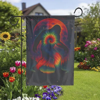 Psychedelic Bigfoot Garden Flag, Tie Dye Sasquatch Yard Decor, Trippy Moon Forest Outdoor Flag, Funny Retro Vertical Garden Flag