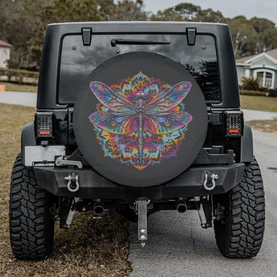 Colorful Psychedelic Dragonfly Spare Tire Cover, Vibrant Boho Insect Design Wheel Cover, Artistic Nature Lover Car Accessory With Backup Camera Option Spare Tire Cover