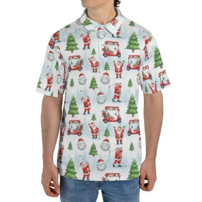 Christmas Golf Polo Polo Shirt, Men'S Santa Claus Aop, Holiday Golf Cart Pattern, Xmas Apparel, Funny, Us Fit