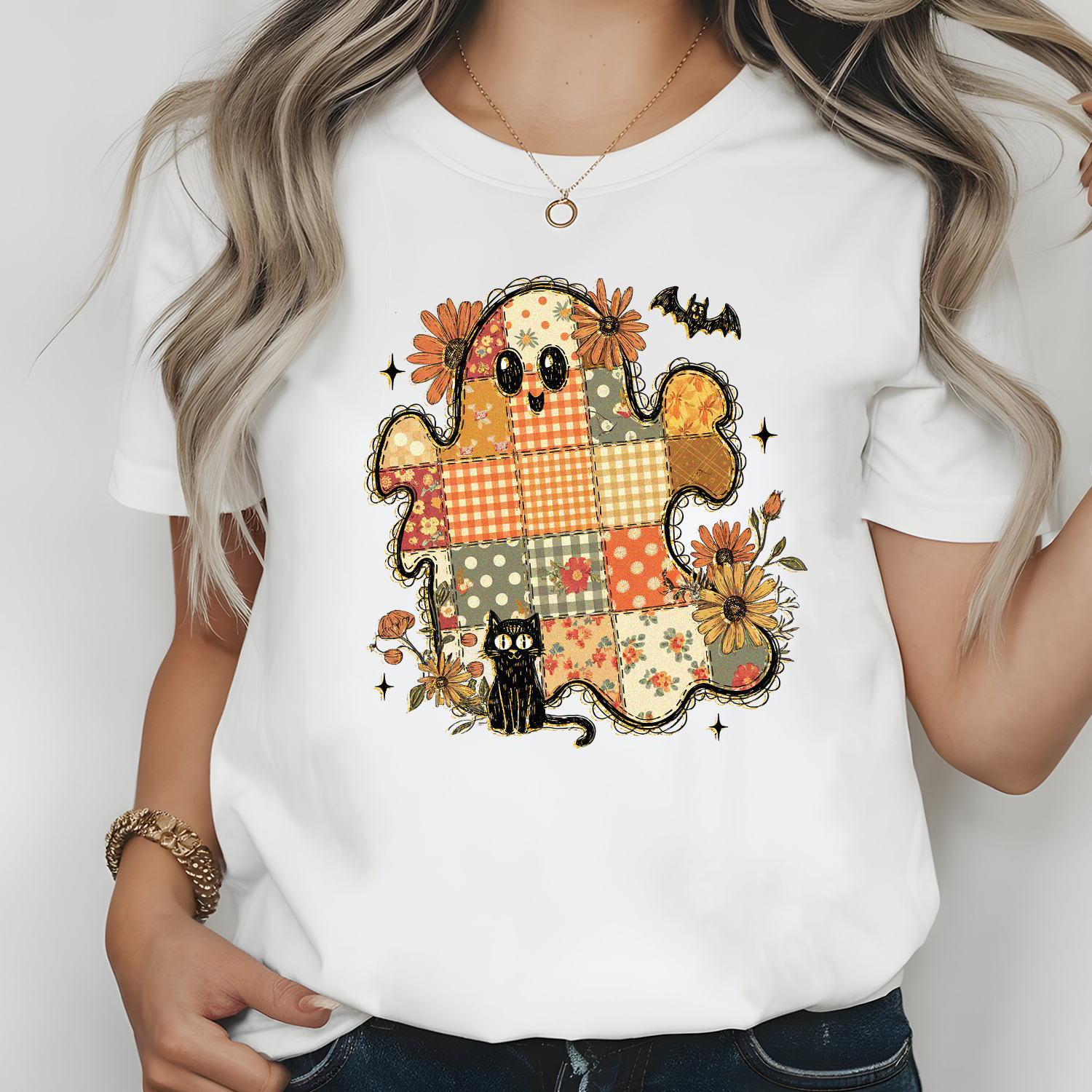 Cozy Halloween T-Shirt – Patchwork Ghost Graphic Design