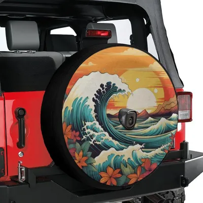 Ocean Wave Sunset Spare Tire Cover, Tropical Beach Art Design, Vibrant Surf Style With Flowers, Coastal Adventure Aesthetic, Backup Camera Ready Spare Tire Cover