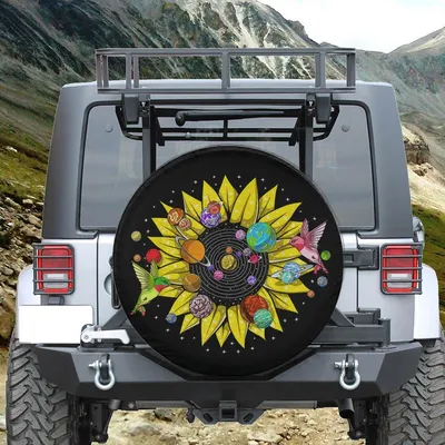 Hippie Psychedelic Sunflower Hummingbirds Space Planets Spare Tire Cover Thickening Leather Universal Fit Spare Tire Cover