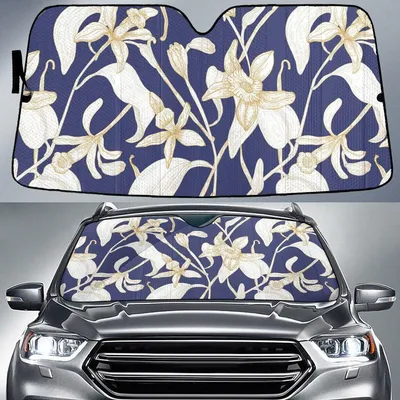 Yellow Orchid Flower Summer Vibe Navy Car Sun Shades Cover Auto Windshield PrintSyde
