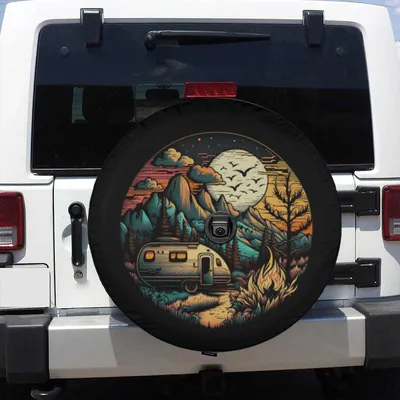 Retro Camping Spare Tire Cover, Vintage Camper Night Sky Landscape, Outdoors Adventure Wheel Cover, Backup Camera Hole Option, Universal Fit Suv Rv Spare Tire Cover
