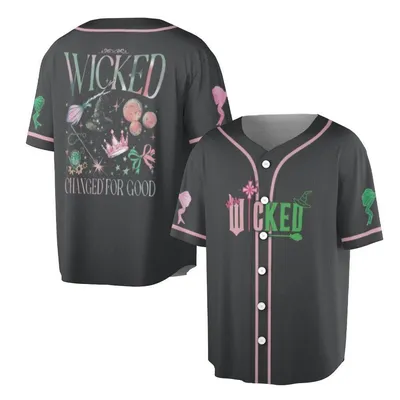 Wicked Polo Baseball Jersey, Changed For Good Quote, Witch Hat And Broom Graphic, Pink Green Bow Detail, Musical Fanwear