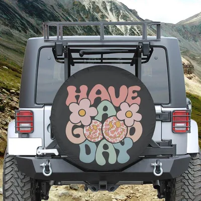 Have A Good Day Spare Tire Cover, Retro Groovy Flowers Donuts Smile Positive Quote Design, Cute Gift Idea Spare Tire Cover