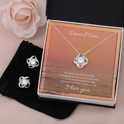 To Mom Message Card Necklace and Earring Gift Set, My Mother, My Friend Love Knot Necklace and Earrings