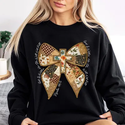 God Is Within Her Sweatshirt Vintage Patchwork Bow With Floral Cross And Bible Verse Psalm 46 5 Faith Based Coquett