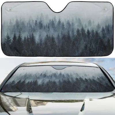 Misty Forest Car Sun Shade, Pine Trees Nature Windshield Uv Blocker, Aesthetic Foggy Design Visor, Auto Decor Car Sunshade