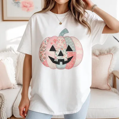 Preppy Floral Pink Pumpkin T-Shirt Pastel Coquette Fall T-Shirt With Ditsy Floral And Lace Details Cute Girly Halloween T-Shirt