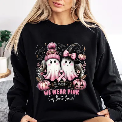 We Wear Pink Halloween Sweatshirt Cute Ghosts In Pink For Breast Cancer Awareness  Cozy Unisex Fall