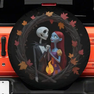 Jack Skellington And Sally Spare Tire Cover, Autumn Fall Pumpkin Wreath, Spooky Halloween Car Accessory, Backup Camera Hole Option, Universal Fit Suv Spare Tire Cover