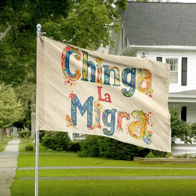 Horizontal House Flag, Chinga La Migra Colorful Mexican Folk Art Style Statement Horizontal House Flag